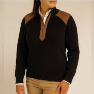 Ralph Lauren Leather Trim Quarter Zip Black Knit Vintage Sweater Size L